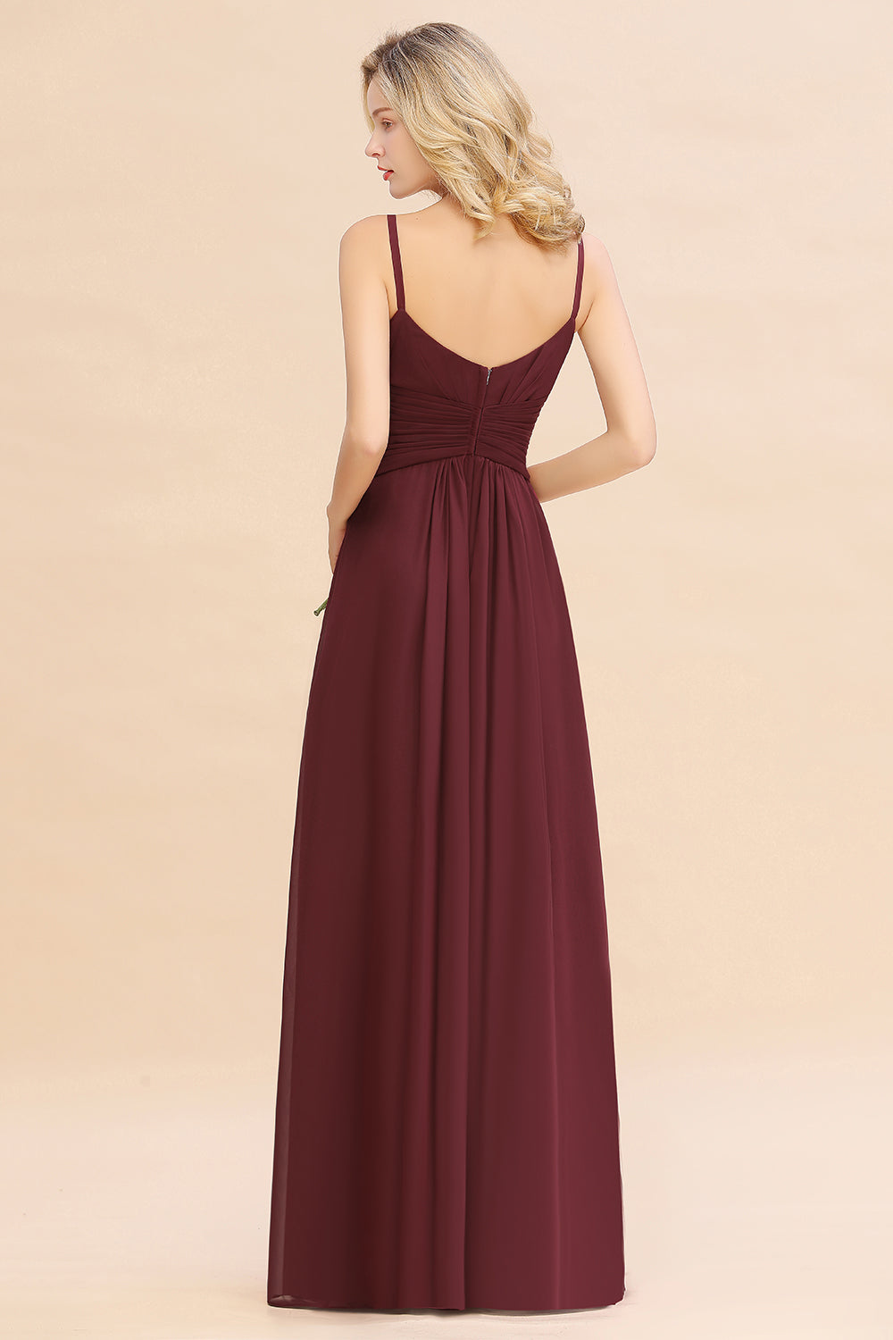 Modest Ruffle Spaghetti Straps Backless Burgundy Bridesmaid Dresses Affordable-Babyonlines