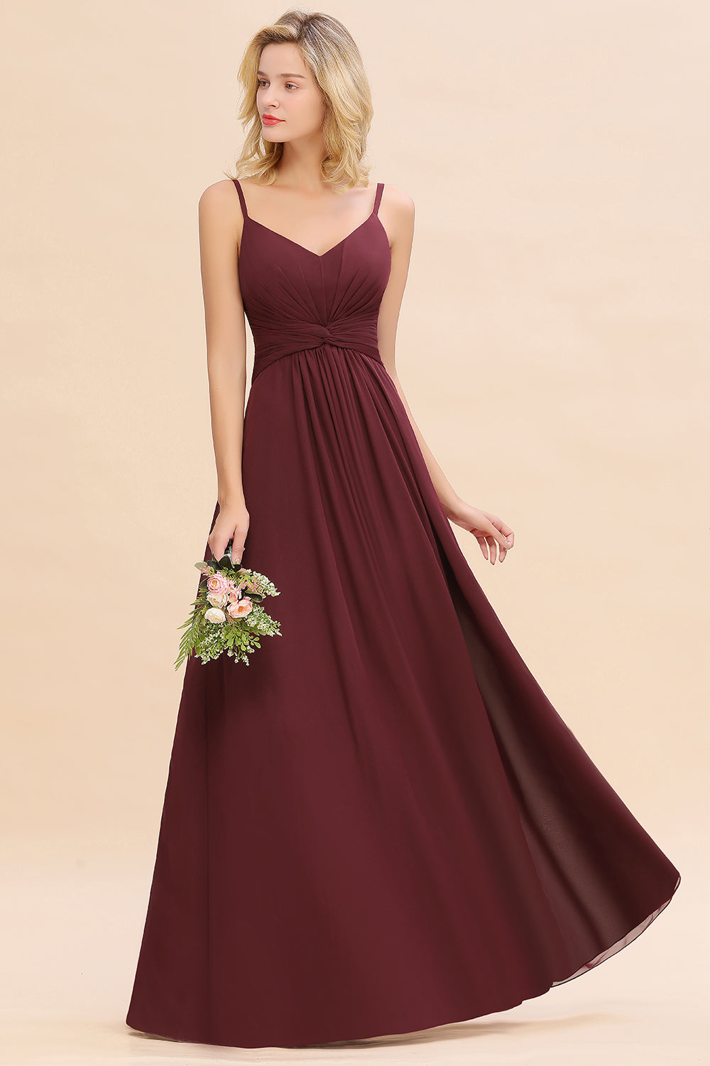 Modest Ruffle Spaghetti Straps Backless Burgundy Bridesmaid Dresses Affordable-Babyonlines