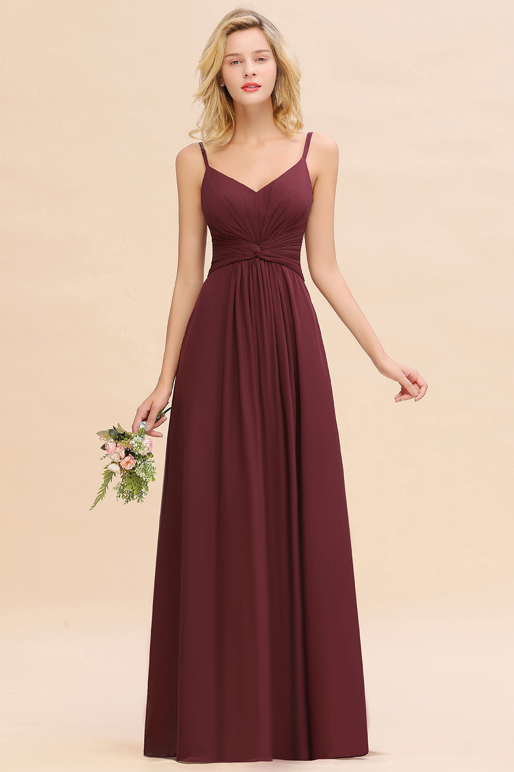 Modest Ruffle Spaghetti Straps Backless Burgundy Bridesmaid Dresses Affordable-Babyonlines