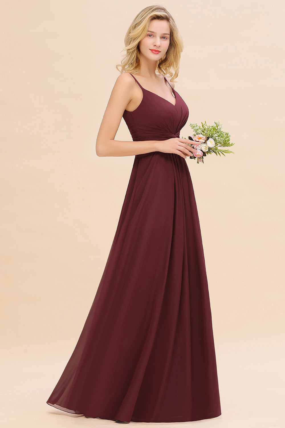 Modest Ruffle Spaghetti Straps Backless Burgundy Bridesmaid Dresses Affordable-Babyonlines