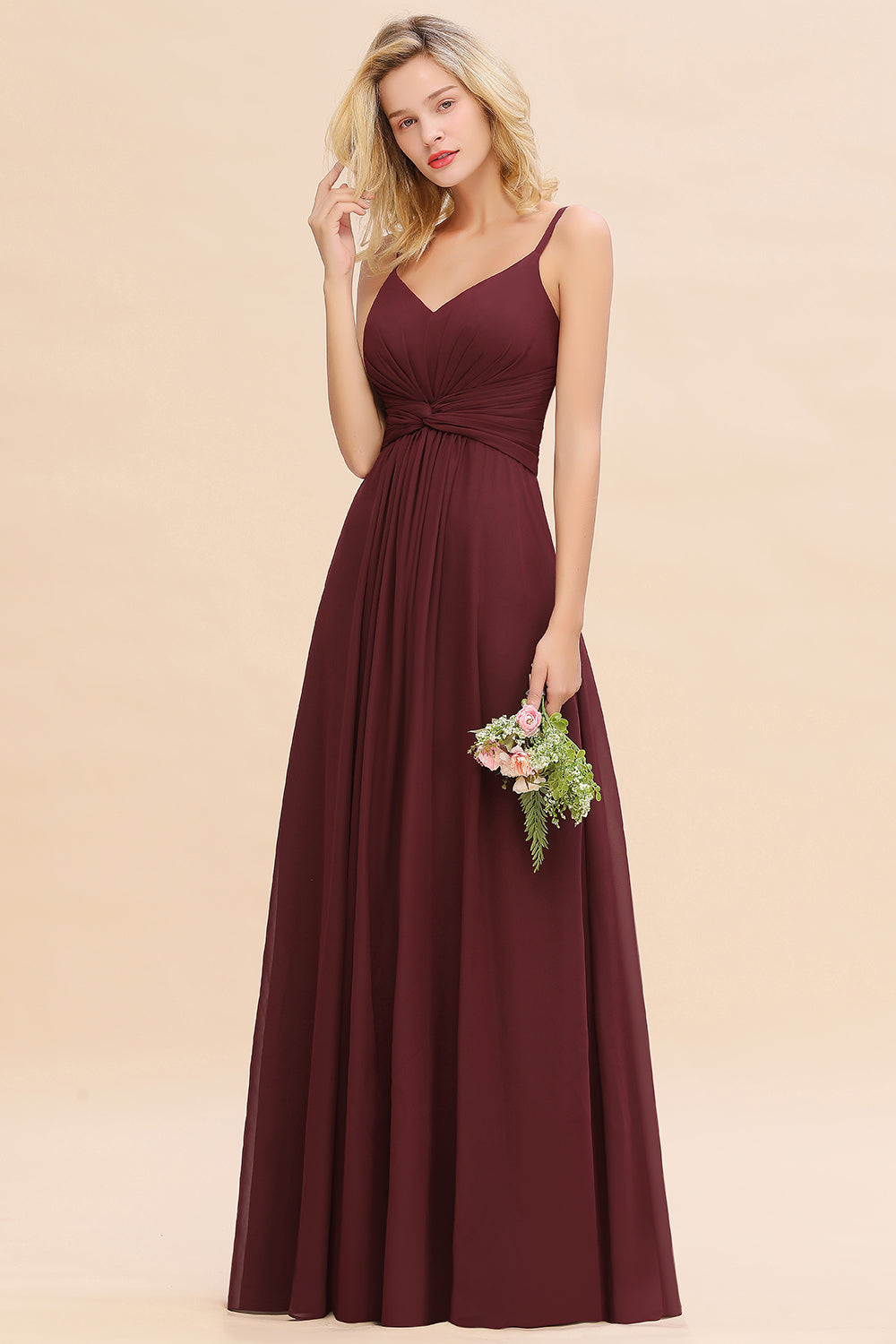 Modest Ruffle Spaghetti Straps Backless Burgundy Bridesmaid Dresses Affordable-Babyonlines