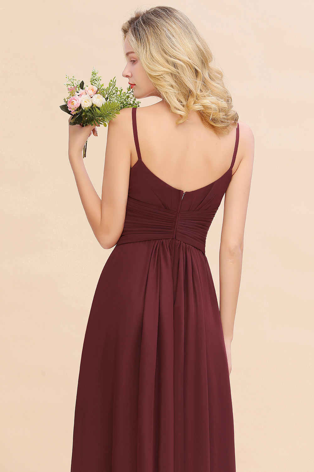 Modest Ruffle Spaghetti Straps Backless Burgundy Bridesmaid Dresses Affordable-Babyonlines