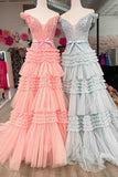 Off-Shoulder A-line Tulle Ruffles Layers Applique Long Prom Dress