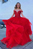 Off-Shoulder A-line Tulle Ruffles Layers Applique Long Prom Dress