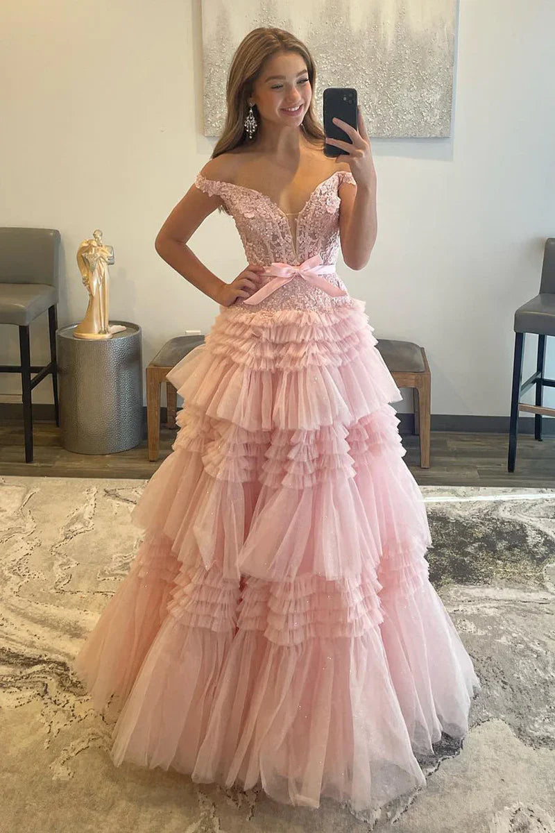 Off-Shoulder A-line Tulle Ruffles Layers Applique Long Prom Dress