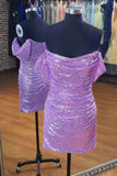 Off-Shoulder Lavender Sequins Ruched Short Homecoming Dress