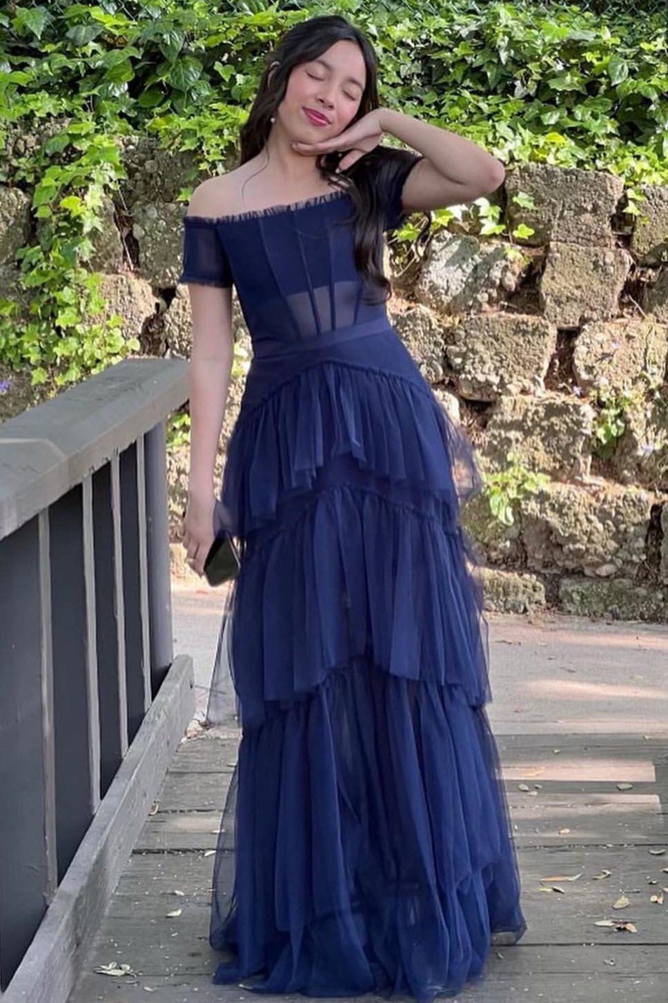 Off the Shoulder Black Tiered Tulle Long Prom Dress