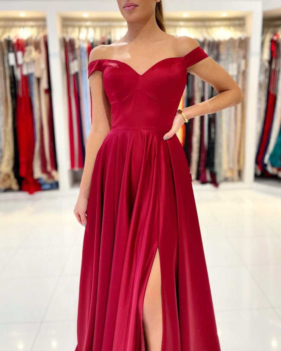 Off-the-Shoulder Burgundy Prom Dress with Slit