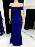 Off-the-shoulder Crepe Prom Dress with Split Front and Floor-length Sheath/Column Silhouette