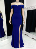 Off-the-shoulder Crepe Prom Dress with Split Front and Floor-length Sheath/Column Silhouette