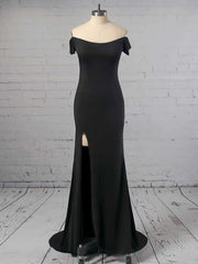 Off-the-shoulder Jersey Prom Dresses with Sheath/Column Sweep Train and Split Front