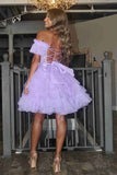 Off the Shoulder Lavender A-Line Ruffle Tulle Homecoming Dress