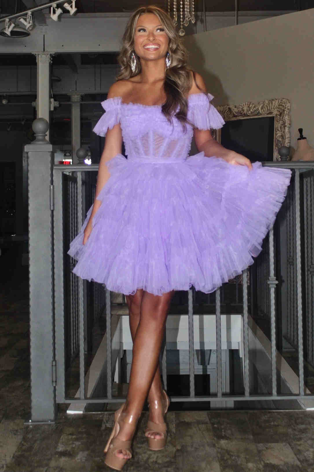 Off the Shoulder Lavender A-Line Ruffle Tulle Homecoming Dress