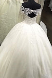 Off-the-Shoulder Long Sleeve Ball Gown Wedding Dress with Lace Appliques