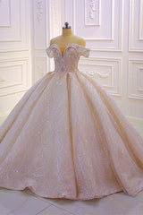 Off-the-Shoulder Satin Ruffle Ball Gown Wedding Dress with Sequins and Beadings