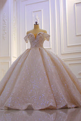 Off-the-Shoulder Satin Ruffle Ball Gown Wedding Dress with Sequins and Beadings