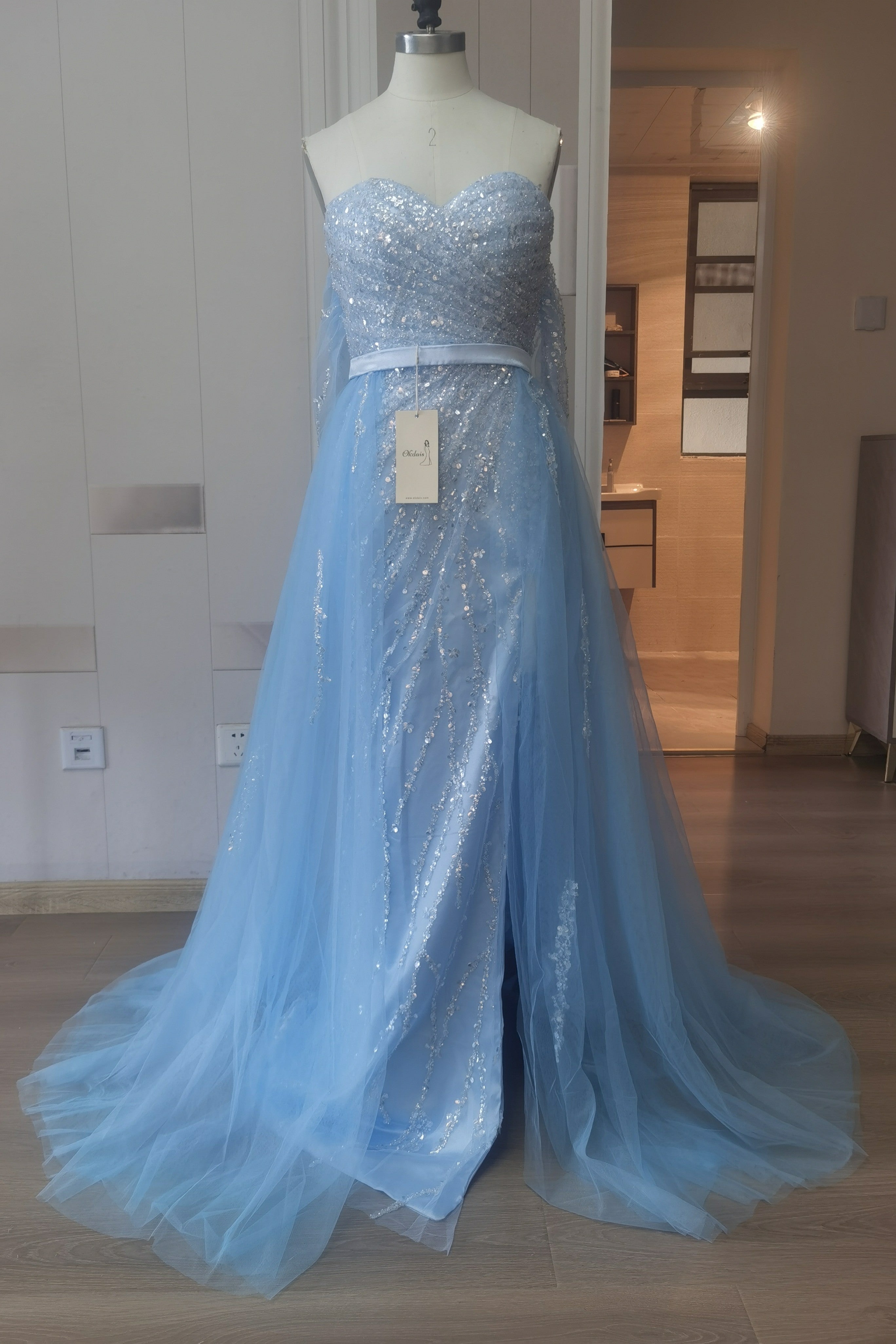 Off-the-Shoulder Sky Blue Prom Dress with Sequins and Slit