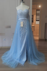 Off-the-Shoulder Sky Blue Prom Dress with Sequins and Slit