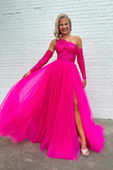 One Shoulder Fuchsia Lace Top A-Line Tulle Prom Dress