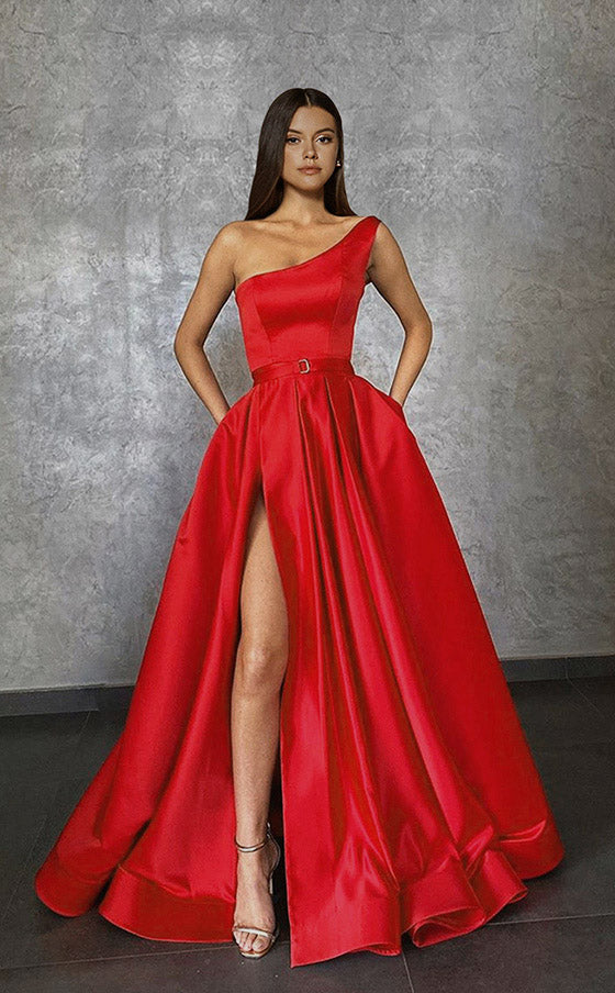 One Shoulder Long Slit Prom Dress