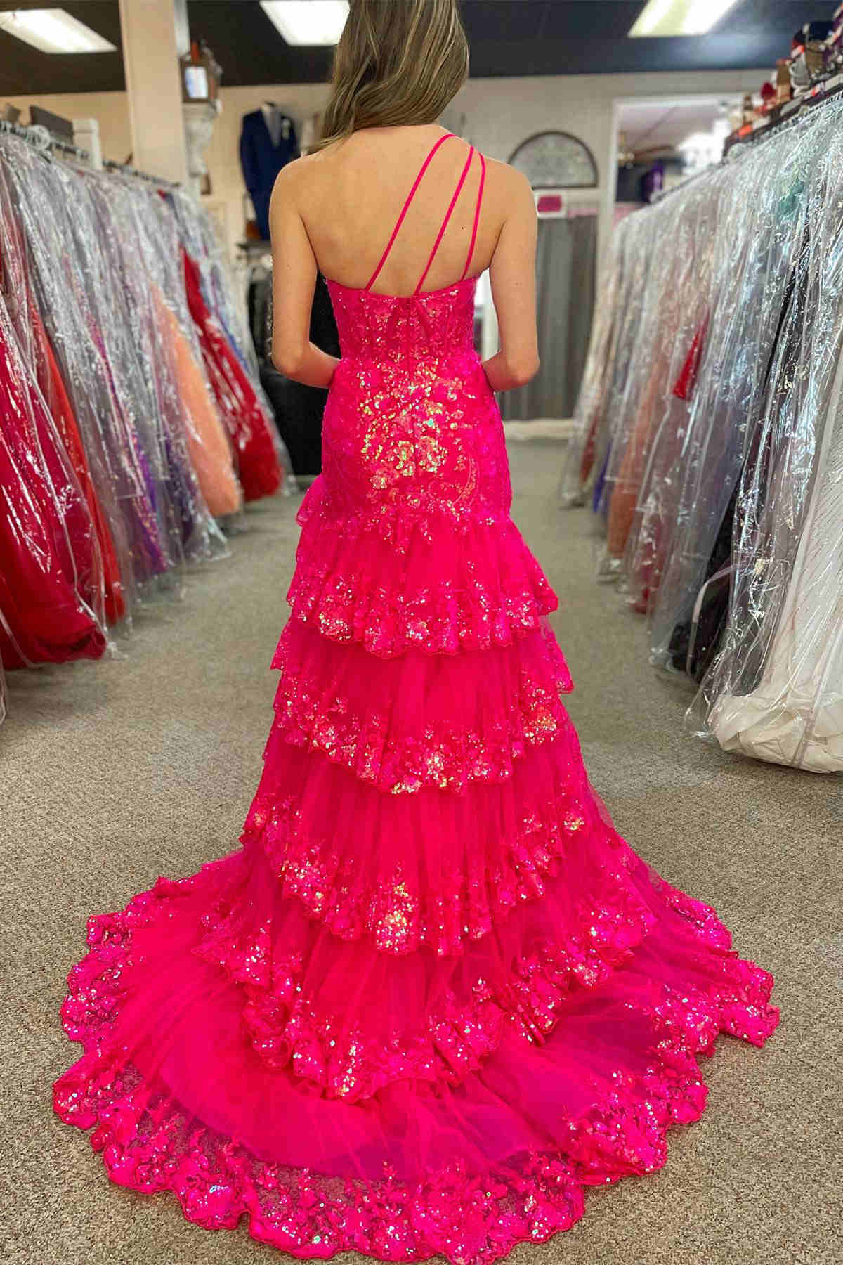 One Shoulder Pink Corset Sequin Tiered Long Formal Dress