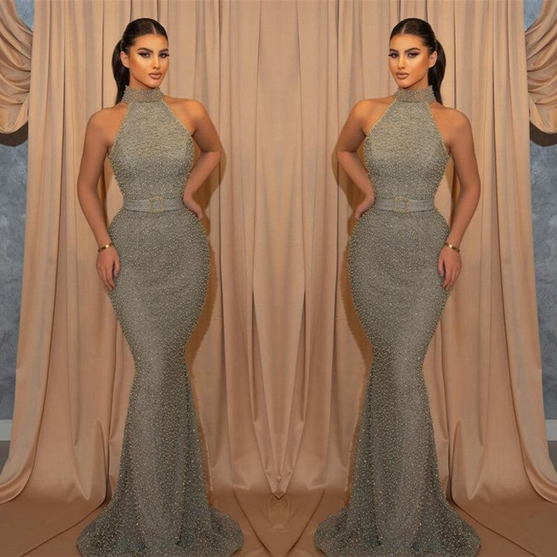 Online Sequined Sleeveless Halter Mermaid Evening Dress with Belt