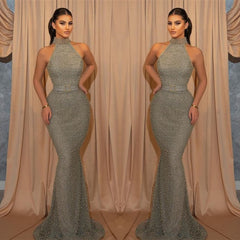 Online Sequined Sleeveless Halter Mermaid Evening Dress with Belt