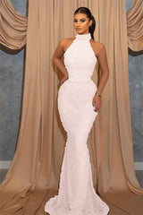 Online Sequined Sleeveless Halter Mermaid Evening Dress with Belt