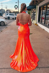 Orange Mermaid Halter Sequins Backless Long Prom Dress