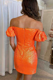 Orange Plunging Off-the-Shoulder Sequins Bodycon Homecoming Dress