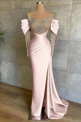 Pink Off-The-Shoulder Front Split Mermaid Prom Dress with Beadings and Appliques