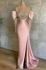 Pink Off-The-Shoulder Front Split Mermaid Prom Dress with Beadings and Appliques