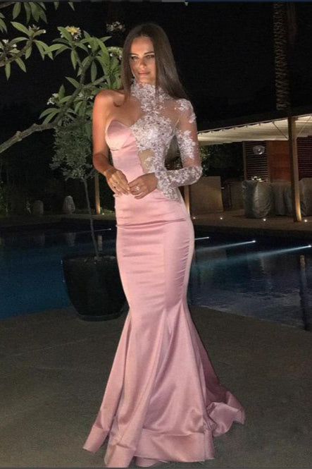 Pink One Shoulder Long Sleeves Prom Dress