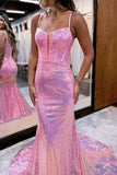 Pink Sequins Spaghetti Strap Long Mermaid Evening Dress