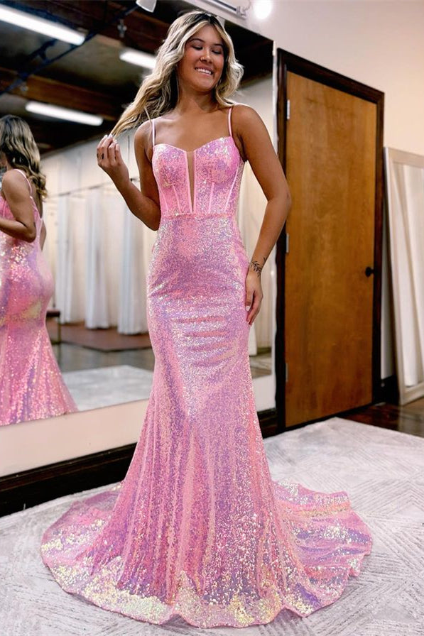 Pink Sequins Spaghetti Strap Long Mermaid Evening Dress