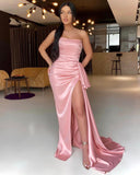 Pink Strapless Pleated Prom Dress with Side Split