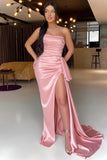 Pink Strapless Pleated Prom Dress with Side Split