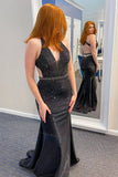 Plunging V-Neck Backless Long Black Prom Dress with Beads