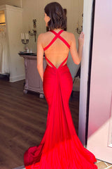 Plunging V-Neck Red Mermaid Long Prom Dress