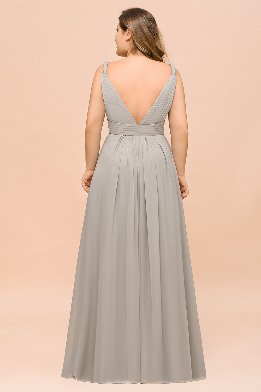 Plus Size Chiffon V-neck Sleeveless Affordable Bridesmaid Dress with Ruffle-Babyonlines