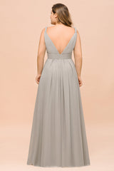 Plus Size Chiffon V-neck Sleeveless Affordable Bridesmaid Dress with Ruffle-Babyonlines