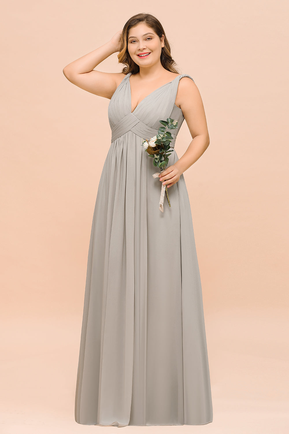 Plus Size Chiffon V-neck Sleeveless Affordable Bridesmaid Dress with Ruffle-Babyonlines