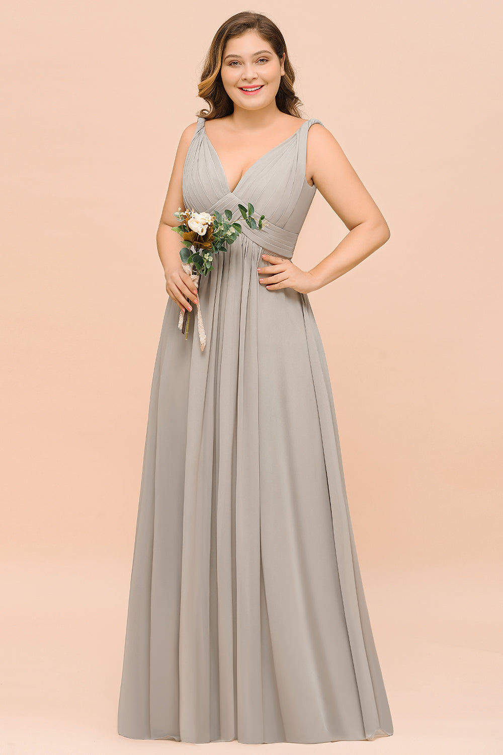 Plus Size Chiffon V-neck Sleeveless Affordable Bridesmaid Dress with Ruffle-Babyonlines