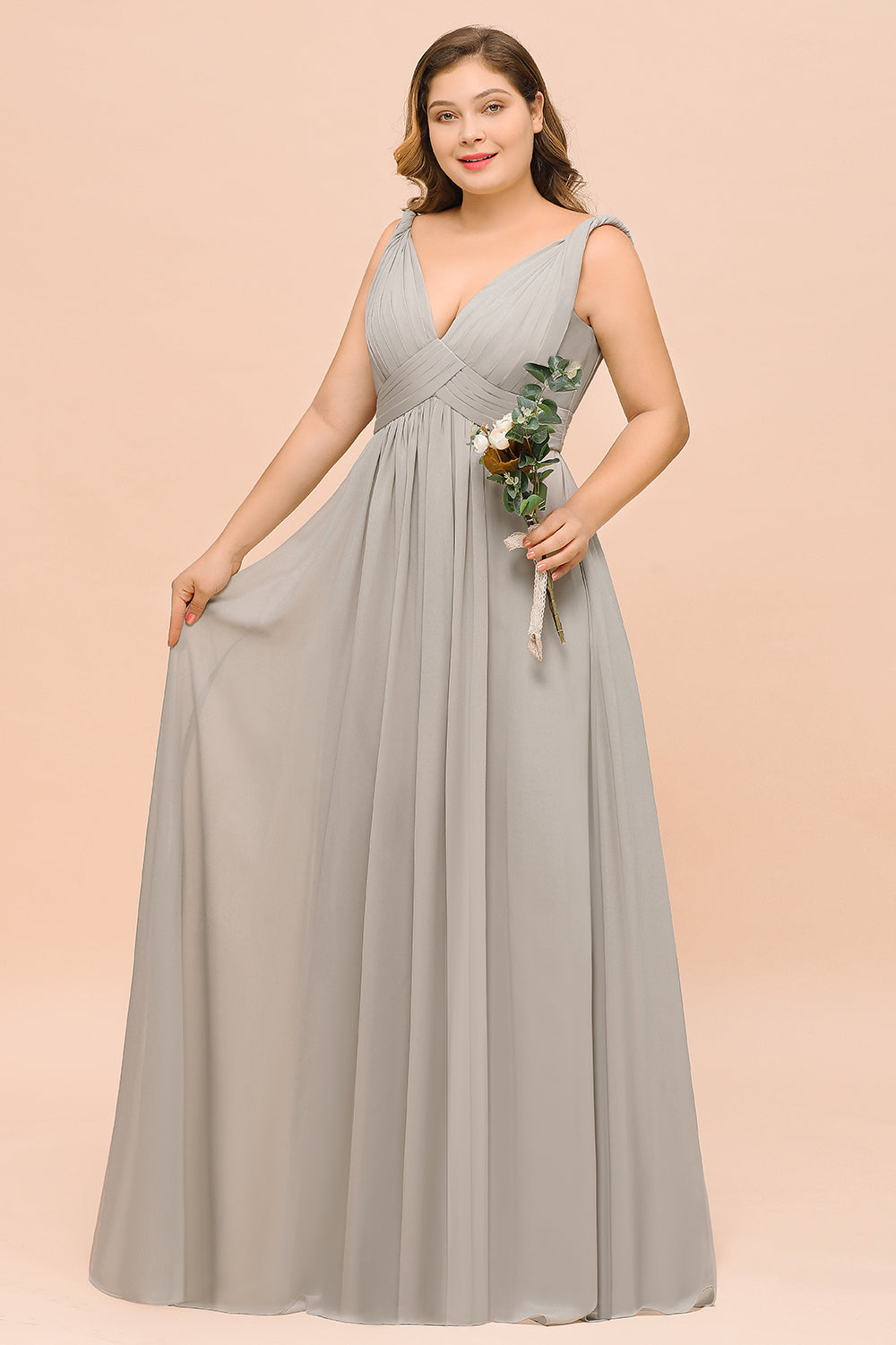 Plus Size Chiffon V-neck Sleeveless Affordable Bridesmaid Dress with Ruffle-Babyonlines