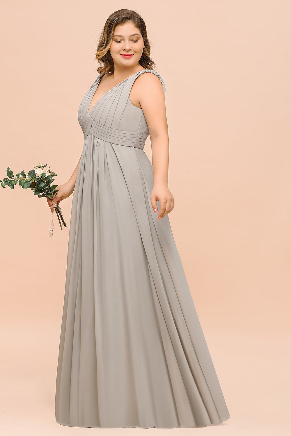 Plus Size Chiffon V-neck Sleeveless Affordable Bridesmaid Dress with Ruffle-Babyonlines