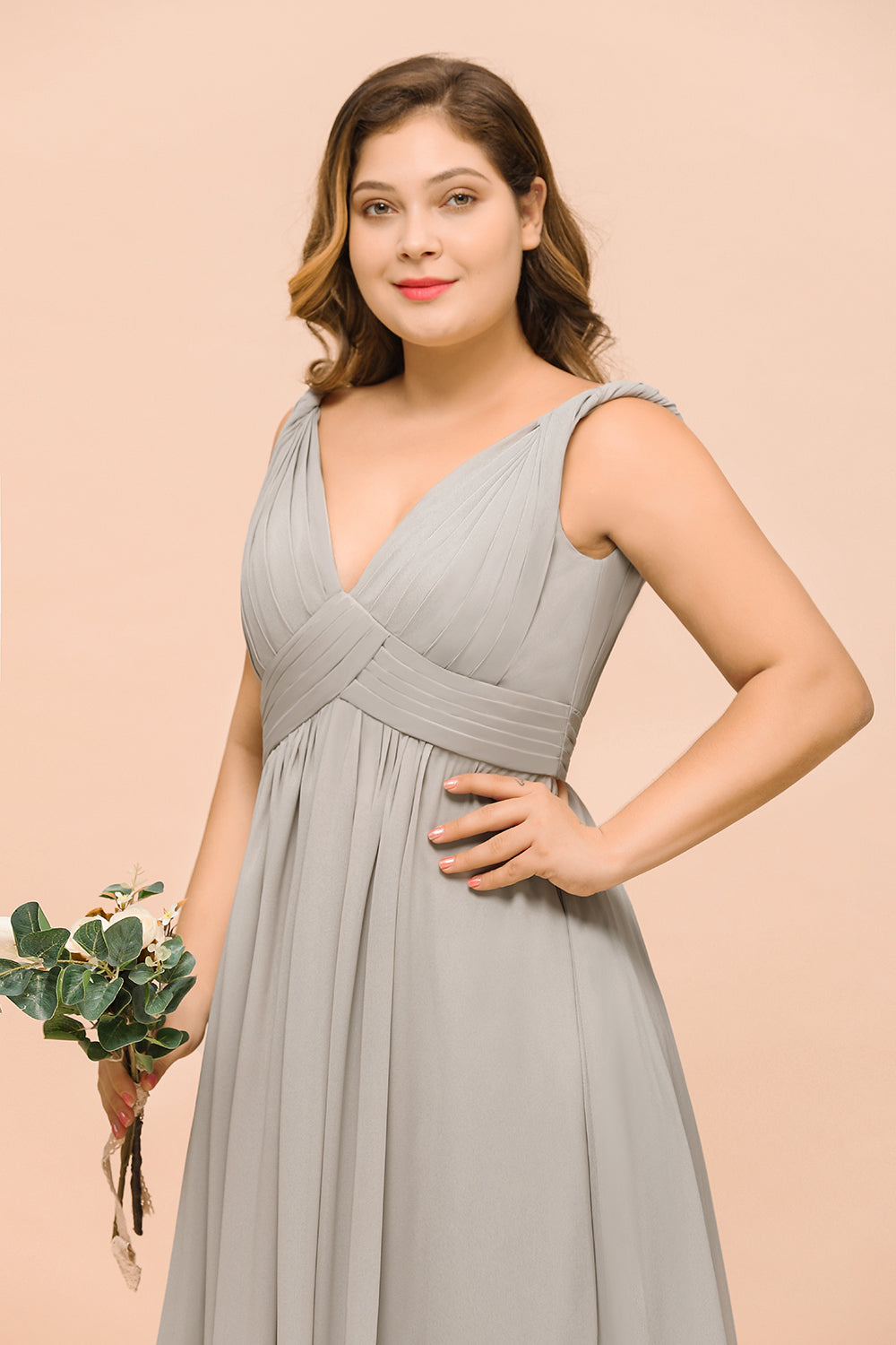 Plus Size Chiffon V-neck Sleeveless Affordable Bridesmaid Dress with Ruffle-Babyonlines