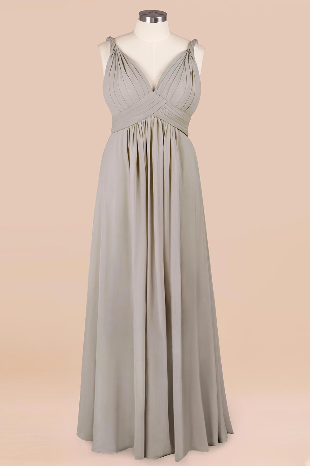 Plus Size Chiffon V-neck Sleeveless Affordable Bridesmaid Dress with Ruffle-Babyonlines