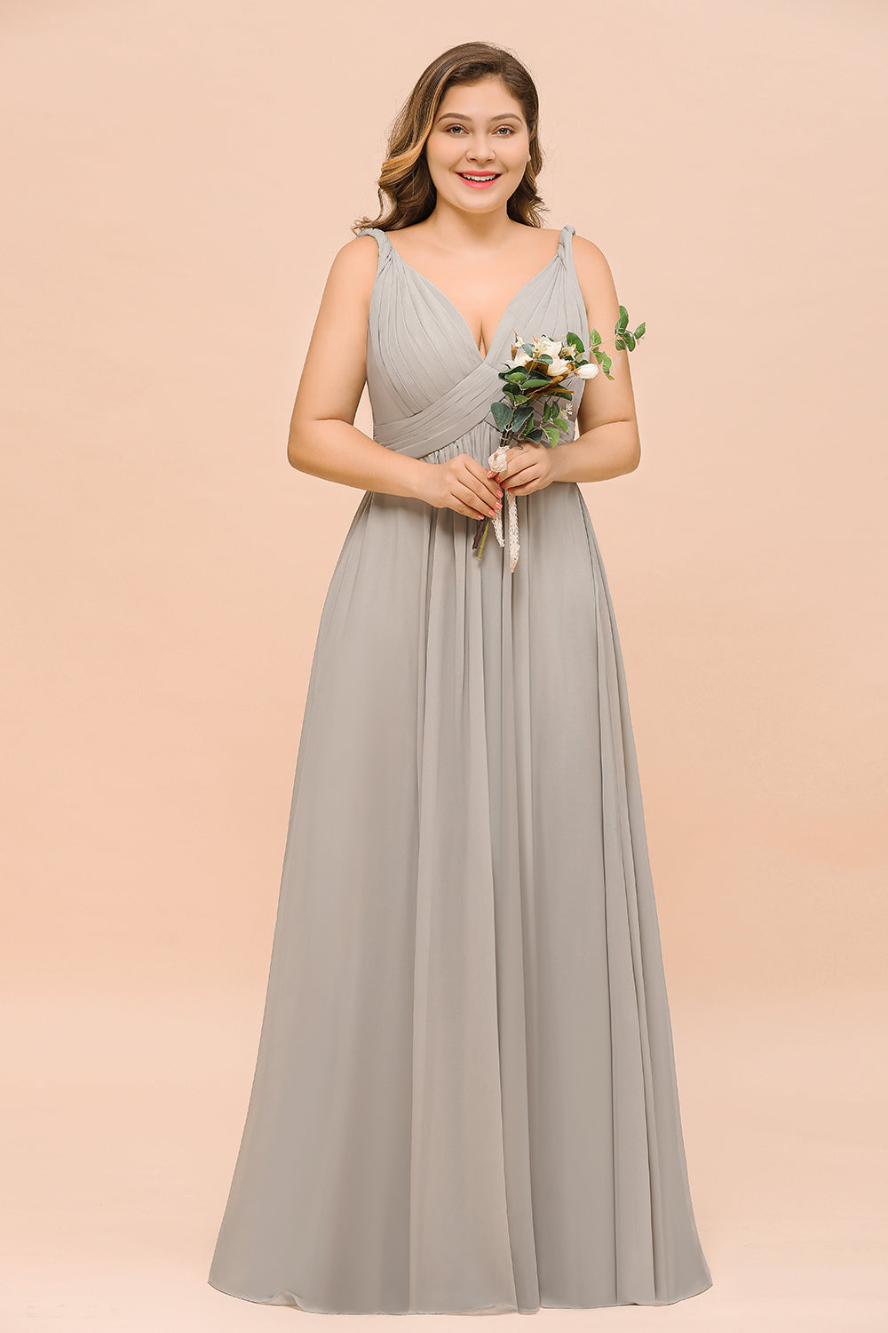 Plus Size Chiffon V-neck Sleeveless Affordable Bridesmaid Dress with Ruffle-Babyonlines