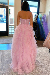 Princess Sweetheart Pink Ruffle Tulle Long Prom Dress