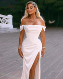 Prom Dress White Off-the-shoulder Wedding Dress With High Slit